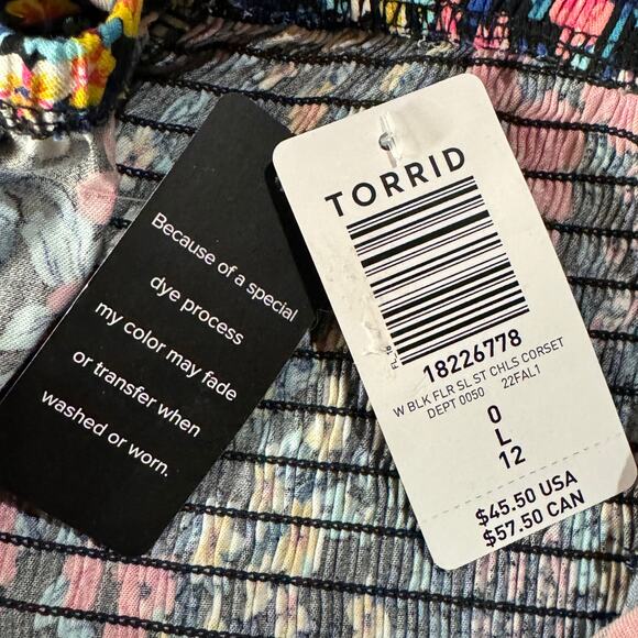 Torrid SZ 0 (Large) Challis Lace-Up Back Corset Top Floral Strapless Smocked New - Picture 10 of 12